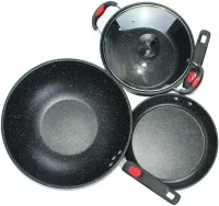 Кухонный набор посуды Longziwei WOK HH23-005 2 сковородки и казанок для приготовления еды 3в1, Казан и сковорода с антипригарным покрытием MAG-782