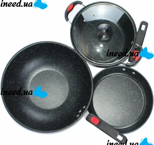 Кухонный набор посуды Longziwei WOK HH23-005 2 сковородки и казанок для приготовления еды 3в1, Казан и сковорода с антипригарным покрытием MAG-782