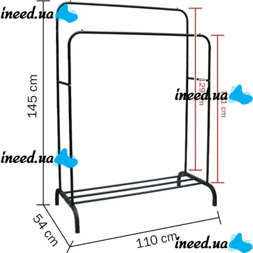 Двойная стойка вешалка Double Floor Hanger 162х130 см для одежды и полкой для обуви, напольная стойка-вешалка со штангой на ножках до 30 кг Черная
