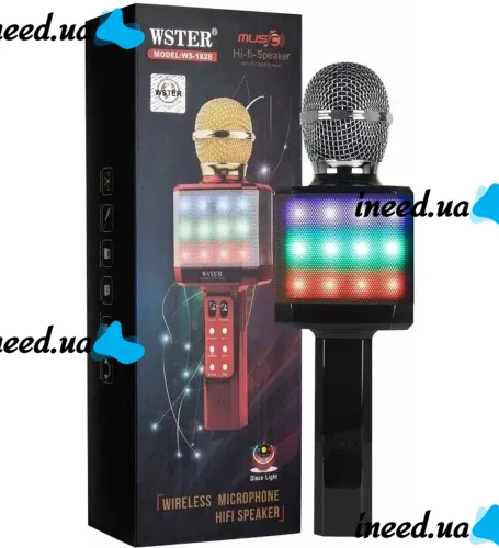 Беспроводной караоке микрофон WSTER WS-1828 Bluetooth USB AUX FM со встроенной колонкой и 4 тембрами голоса на аккумуляторе с динамиком WS1828 Черный