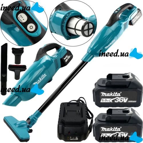 Аккумуляторный пылесос Makita HVC5050 36V 5Ah с насадками, Беспроводной пылесос Макита с 2 аккумуляторами 2 режима скорости для авто и дома Синий