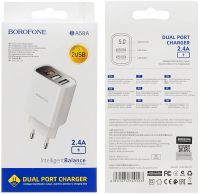 Сетевое зарядное устройство Borofone BA58A Mighty 2 USB 2.4A 12W адаптер питания на 2 порта с LED дисплеем, блок для зарядки телефона 12В Белый