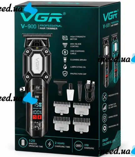 Аккумуляторная машинка для стрижки волос VGR V-900 5W беспроводной мужской триммер для окантовки бороды и усов со сменными насадками и дисплеем USB