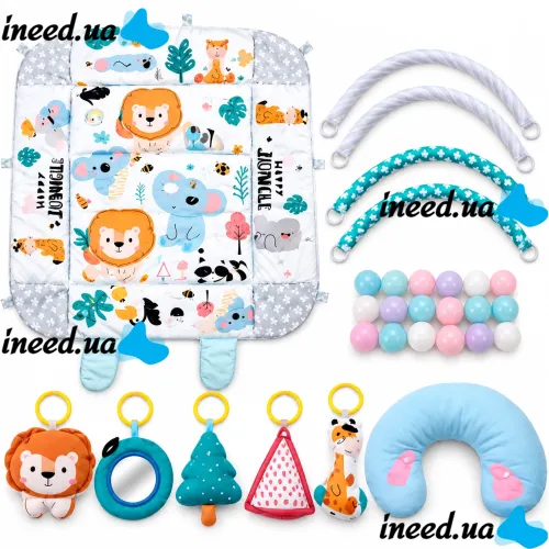 Детский развивающий коврик Ricokids Rabbit FK-2946 3в1 интерактивный манеж с мягкими бортиками, сухой бассейн с игрушками шариками для новорожденных
