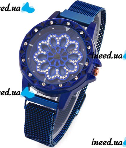 Женские наручные часы Flower Diamond Rotation Watch Blue WJ-8052 с вращающимся круглым роторным циферблатом и ремешком на магнитной застежке Синие