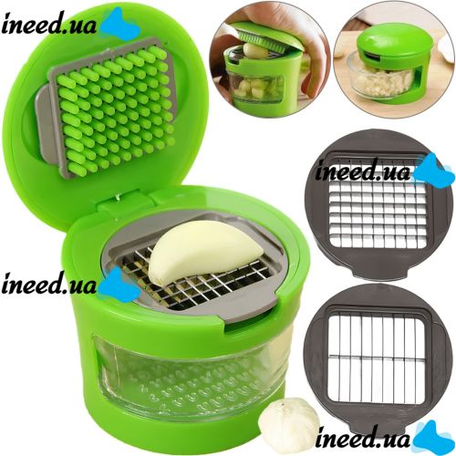 Ручной пресс измельчитель чеснока Garlic Chopper кухонная чеснокодавка для мелких продуктов, чесночница со съемным контейнером и насадками Зеленая