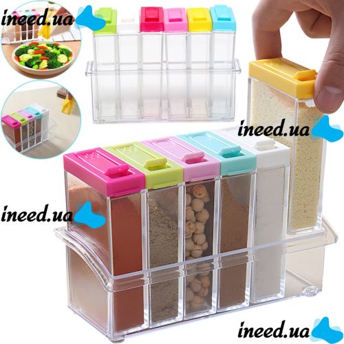 Набор контейнеров для специй Seasoning Six Piece Set 6 штук набор прозрачных емкостей, кухонный органайзер для хранения сыпучих приправ на подставке