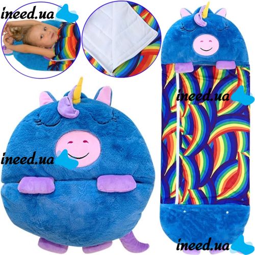 Спальный мешок с подушкой для детей Happy Nappers Единорог 3 в 1 детский спальник 130Х50 см кокон трансформер, подушка игрушка для сна на молнии