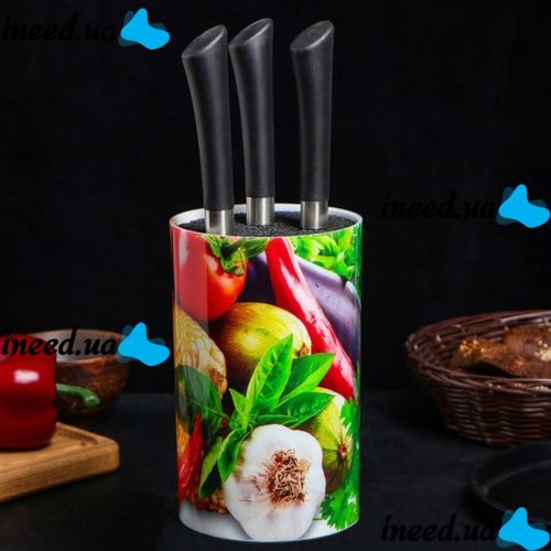Настольная подставка для ножей 14 см Universal Knife Holder круглая с черным наполнителем из полипропиленового волокна на кухню 90*90*140 мм