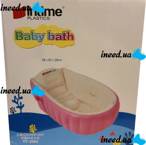 Надувная детская ванна для купания Intime Baby Bath Tub JS033 противоскользящая ванночка с подушкой, сливом и насосом для малышей Розовая YT-226A