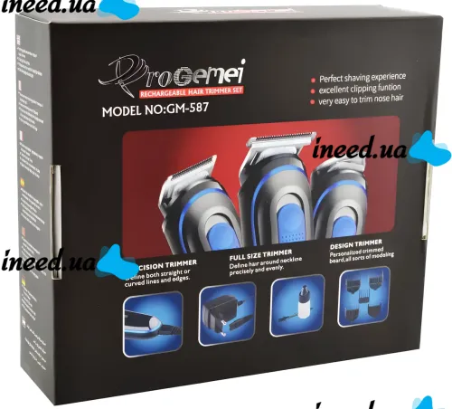 Gemei GM-587 cordless hair trimmer is a professional cordless beard and mustache trimmer with interchangeable attachments.