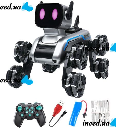 Stunt Dog Robot Champions Stunt Robot Dog is an eight-wheeled puppy with sound and light effects on a remote control and USB gestures