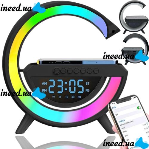 Настольная смарт лампа ночник 4 В 1 RGB BT-3401 аккумуляторный с беспроводной зарядкой 15W и Bluetooth колонкой, Световая звуковая колонка Черная