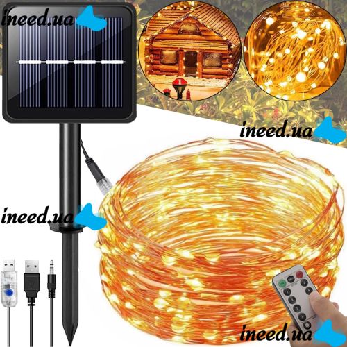 Уличная светодиодная гирлянда Solar String Lights LS48-100WW 12 метров 100 LED диодов Теплый белый Роса Warm light с солнечной панелью для деревьев и веранд