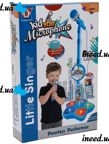 Детский микрофон Kid Star Microphone 5350A на регулируемой стойке с подсветкой, караоке со звуковыми эффектами и МР3 для детей от 3-х лет Голубое