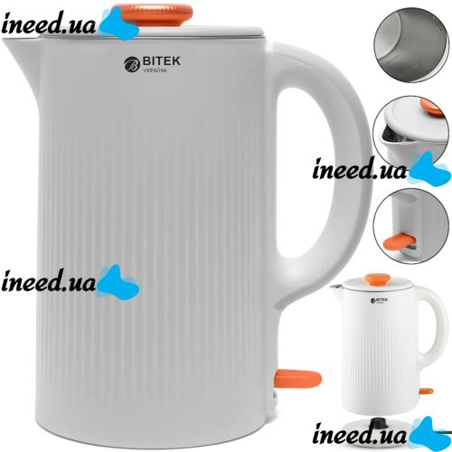 Bitek BT-7848W 2 liter 1500W tabletop kitchen electric kettle Bitek BT7848W electric disc kettle with auto shut-off and 360° swivel White