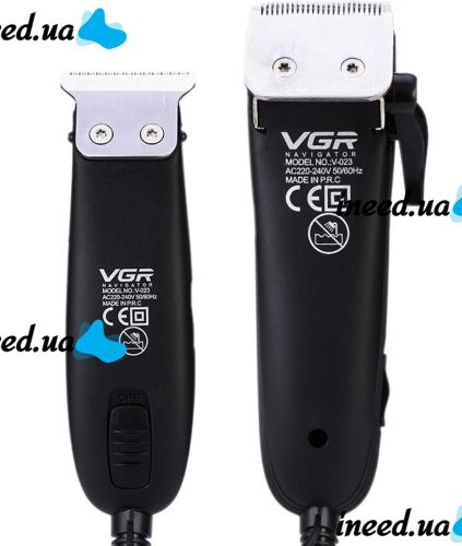 A set of two VGR V-023 2-in-1 rechargeable hair and beard clippers, a wired trimmer with a set of removable attachments in the V023 bag