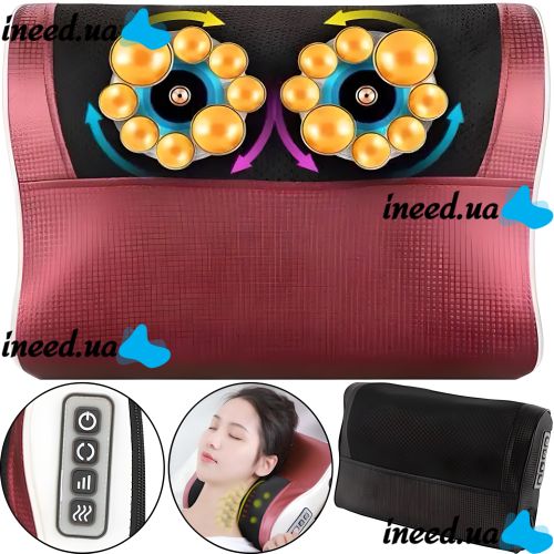 Массажная подушка для спины и шеи Massage Cushion FG214 3 режима работы с подогревом 24W Роликовый массажер FG-214 15 шариков от сети и прикуривателя