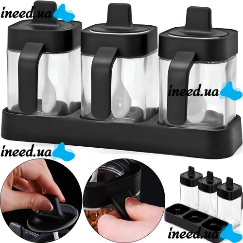 Набор контейнеров баночек Seasoning bottle set XL-730 3 отсека по 400 мл для хранения приправ и специй, Комплект емкостей с крышками и ложками