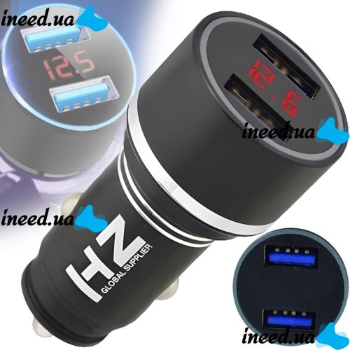 Автомобильное зарядное устройство с вольтметром Car Charger HZ HC7 3.1A, Адаптер для зарядки 2xUSB в прикуриватель, Автозарядка с экраном Черный