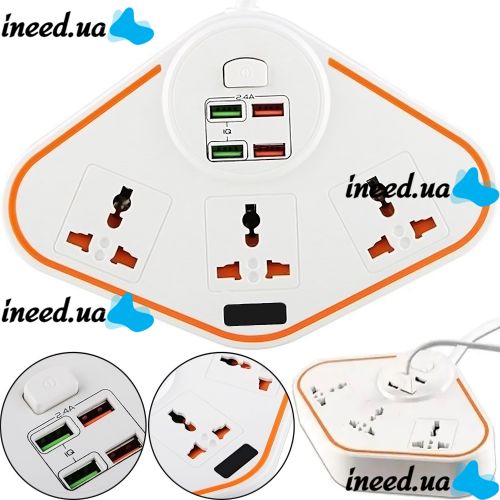 Универсальный сетевой фильтр удлинитель Anti-Static Socket Remax BKL-07 на 3 розетки 4 USB 3.4A, Электрический тройник с предохранителем PS07 Белый