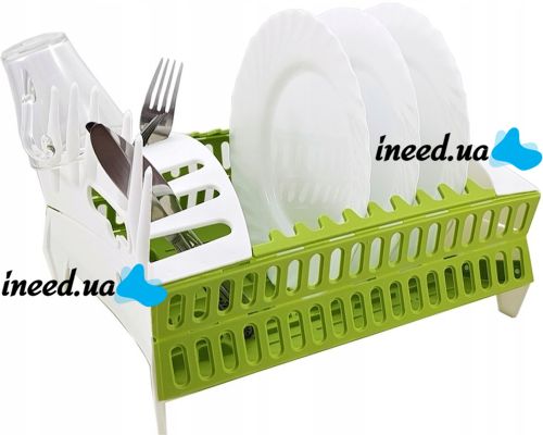 Сушилка органайзер для посуды Compact Dish Rack складная настольная сушка для вилок и ложек, пластиковая сушилка-органайзер на кухню Зеленая с белым