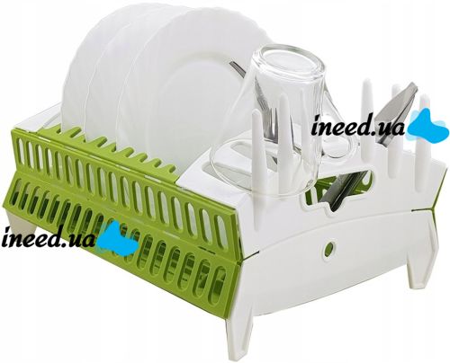 Сушилка органайзер для посуды Compact Dish Rack складная настольная сушка для вилок и ложек, пластиковая сушилка-органайзер на кухню Зеленая с белым