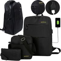 Городской набор сумок 3 в 1 Backpack 9018 рюкзак для ноутбука 15", сумка через плечо и кошелек на молнии с USB портом для наушников 42х33 см Черный