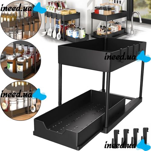 Стеллаж для хранения Kitchen Storage Rack W516 двухуровневая полка органайзер для кухонных принадлежностей с выдвижным ящиком и крючками Черный