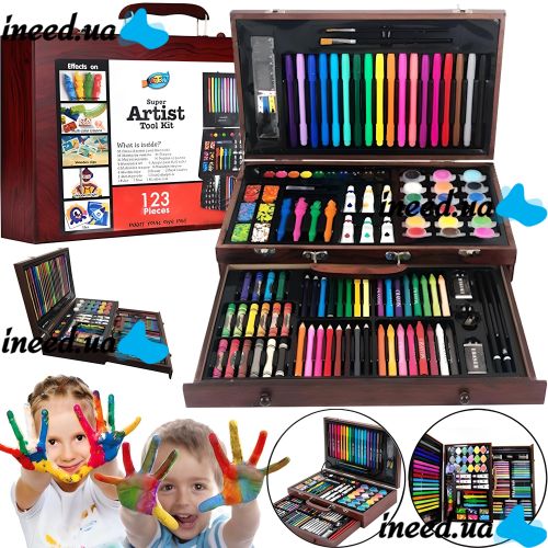 Детский набор для рисования и творчества Super Artist Tool Kit 123 предмета в деревянном чемодане Художественный комплект карандашей и красок в кейсе
