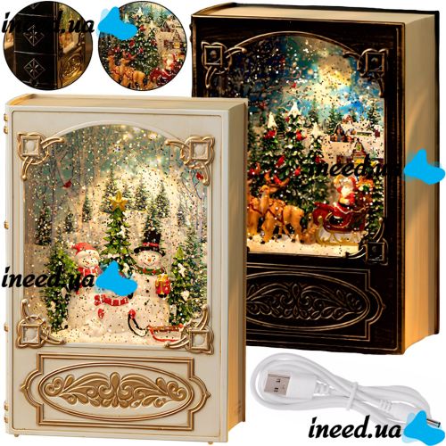 Ночник в форме рождественской книги XMAS WDL 24023B новогодний музыкальный светильник книжка с эффектом метели и LED подсветкой на батарейках USB