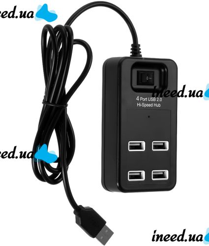Розгалужувач Hi-Speed Hub 4 Port USB 2.0 P-1601 хаб концентратор із вимикачем на 4 юсб порти до 480 Мбіт/с для комп'ютера і ноутбука Чорний
