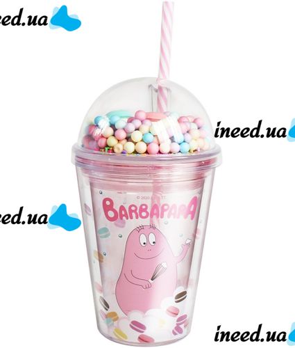 Cartoon Funny Cup 500 ml plastic Cup with double Walls, Lid, straw and rainbow balls for water and Hot Drinks