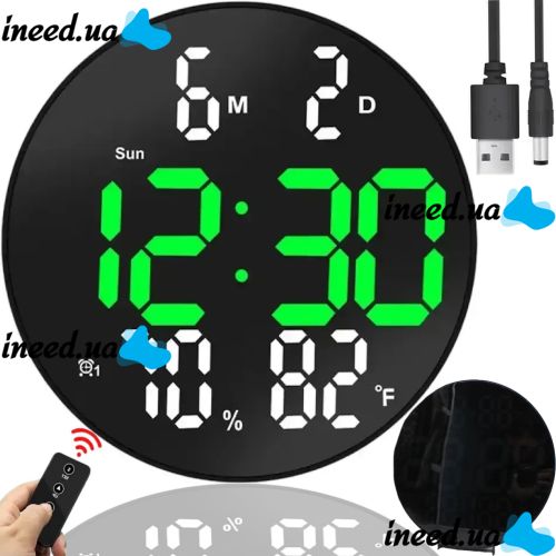Электронные настенные часы LED Wall Clock DS-3813L 26см с будильником и календарем, Цифровые круглые часы зеленые с белым на стену от USB Черные