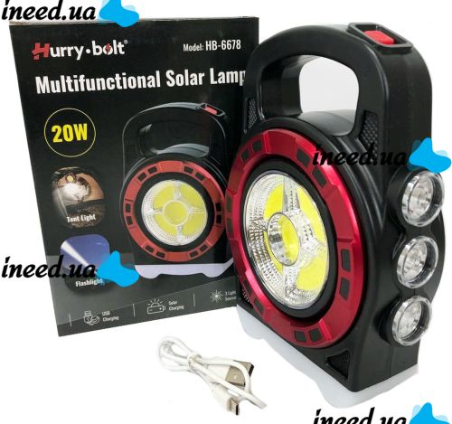Переносной кемпинговый фонарь Hurry Bolt HB-6678 20W с солнечной панелью и функцией павербанка, Аккумуляторный LED прожектор лампа с Powerbank