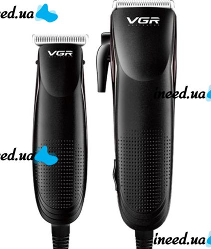 A set of two VGR V-023 2-in-1 rechargeable hair and beard clippers, a wired trimmer with a set of removable attachments in the V023 bag
