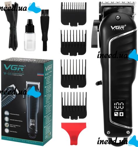 Аккумуляторная машинка для стрижки волос VGR V-683 10W беспроводной мужской триммер для окантовки бороды и усов со сменными насадками и дисплеем USB