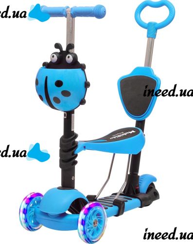 Трехколесный детский самокат беговел Scooter FYS-2864 Blue 5 в 1 со складным сиденьем, родительской ручкой и светящимися колесами для детей Голубой