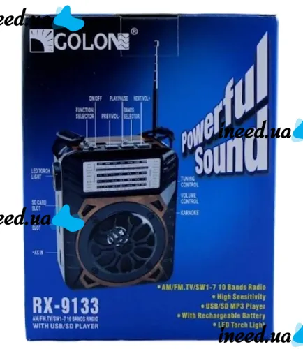 Аккумуляторный радиоприемник Golon RX-9133 с фонариком и встроенным плеером SD, USB, от сети с аккумулятором, FM Радио приемник Колонка на батарейках