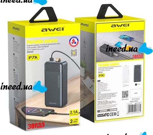 Portable Charger Power Bank Awei P7K 30000 mAh Power Bank, Portable External Battery Battery with Indicator and Cable for Phone