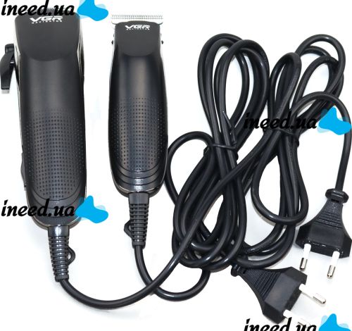 A set of two VGR V-023 2-in-1 rechargeable hair and beard clippers, a wired trimmer with a set of removable attachments in the V023 bag