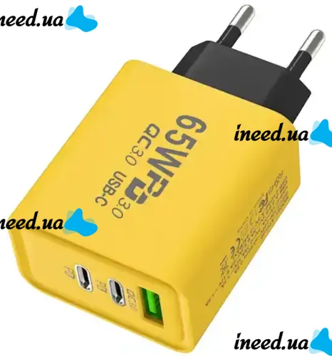 Сетевое зарядное устройство зарядка BauTech APD-60 65W USB 2Type-C блок питания адаптер с быстрой зарядкой для мобильного телефона GaN PD 65Вт Желтый