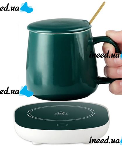 Подарочный набор керамическая кружка с крышкой и подставкой с подогревом Coffee Cup Lucky 400мл, Блюдце чашка и подогреватель для чашки с ложкой