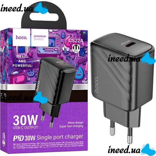 Сетевое зарядное устройство зарядка Hoco CS22A PD30W на один порт Type-C USB-C, Адаптер питания блок Хоко для быстрой зарядки телефона Черный