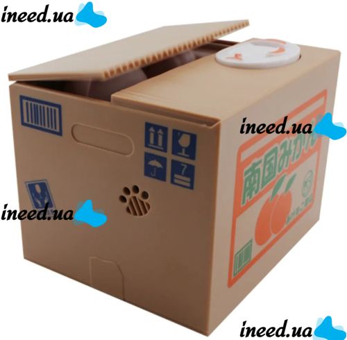 Детская интерактивная копилка Хитрый котик Mischief Saving Box на батарейках Копилка-сейф для денег кот воришка в коробке забирает монетку лапой