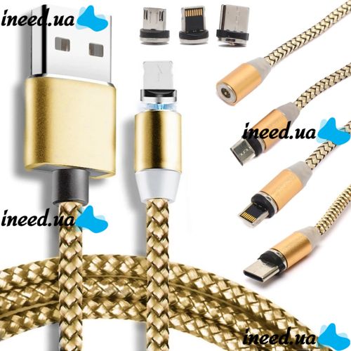 Магнитная зарядка для телефона Hoco X-Cable Magnetic 3 в 1 круглый USB кабель micro lightning type-c 1 м шнур с LED подсветкой M3 для Android IOS