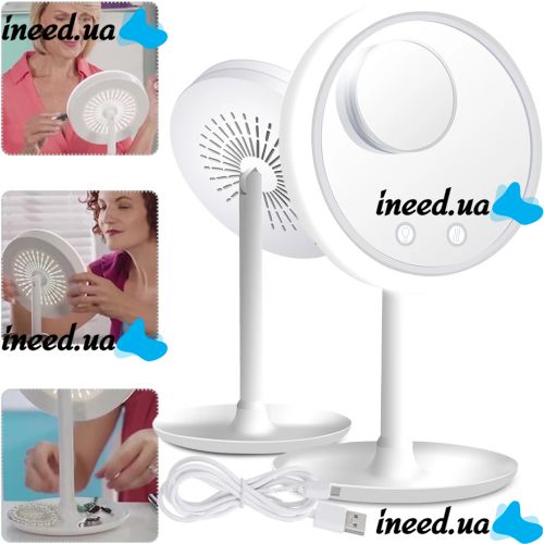 Round Touch Makeup Mirror with Fan Beauty Breeze Mirror CM-062 Desktop Rechargeable Mirror with Backlight and Magnification White