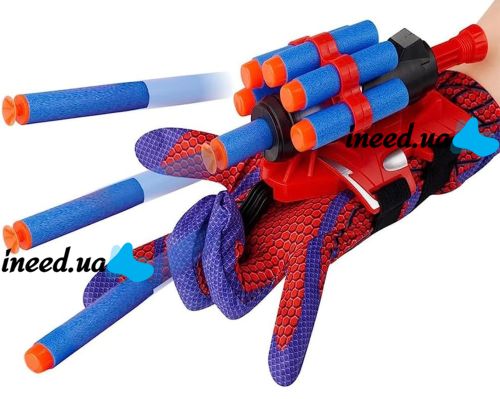 Дитяча іграшка рукавичка бластер Людина павук Spider man gloves з 10 м'якими кулями, Іграшкова зброя пістолет Спайдер мен на руку з барабаном