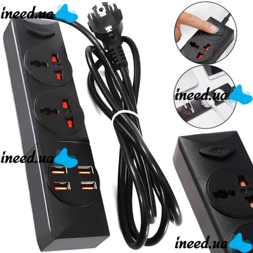 Сетевой удлинитель Power Socket BKL-01 2500W 3.4А на 2 розетки 4 USB 2 м фильтр переноска с выключателем для подключения приборов к сети Черный