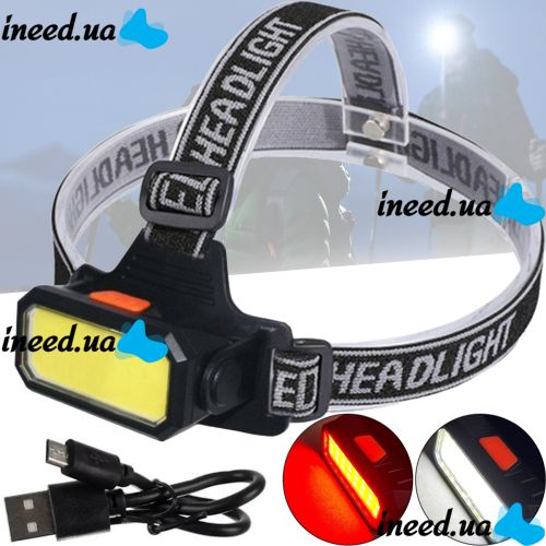 Налобный аккумуляторный фонарик Bailong BL-5120 70 COB LED с белым и красным светом, Светодиодный фонарь с креплением на голову 6 режимов Черный